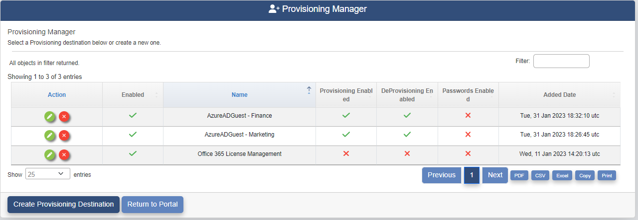 Provisioning Manager page