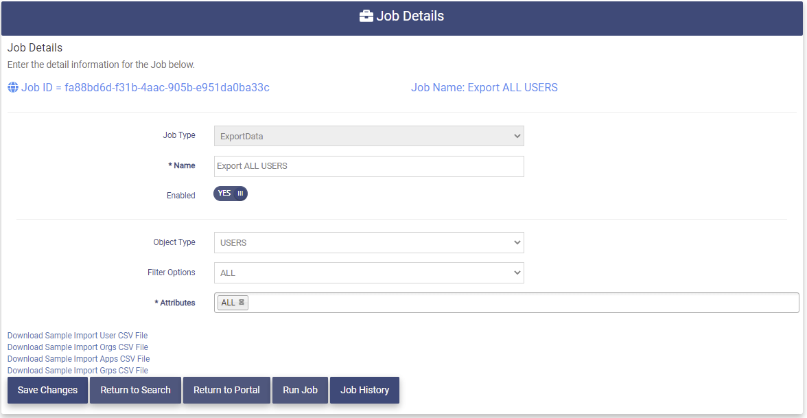 Run Export Job page