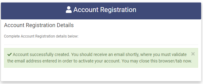 Account Registration Success msg
