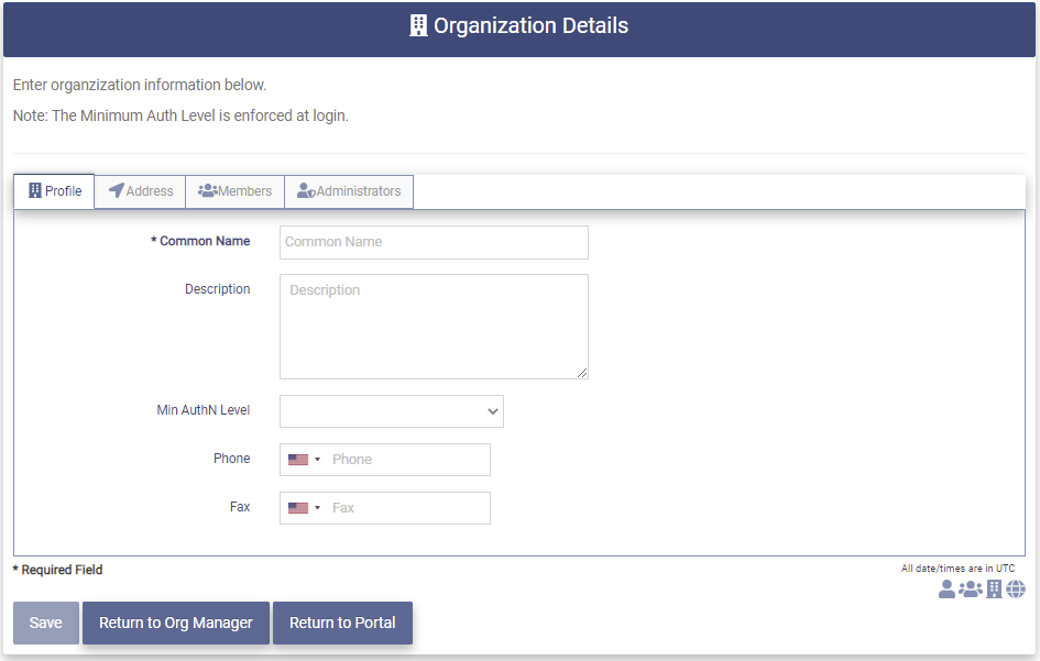 Create Org Details page