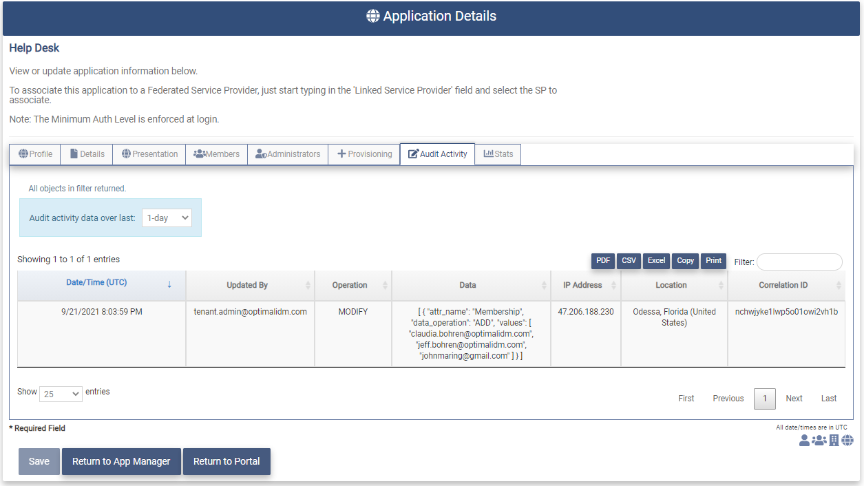 Modify App Audit Activity tab