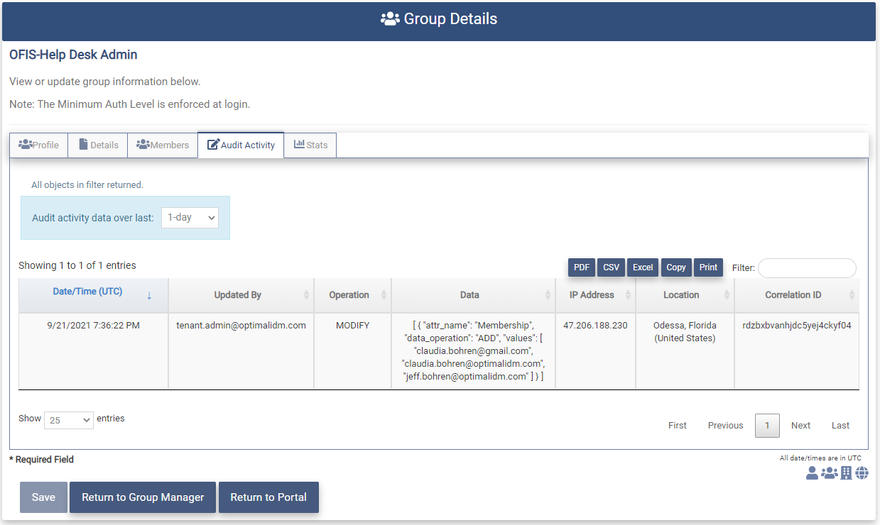Modify Group Audit Activity tab