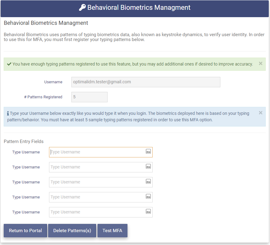 Behavioral Biometrics Return page