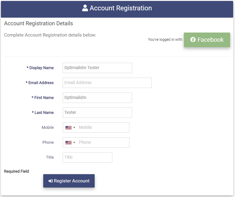 Social Media Register Account page